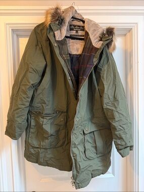 Barbour Olive Green Parka with Quilted Lining and Detachable Faux Fur Hood